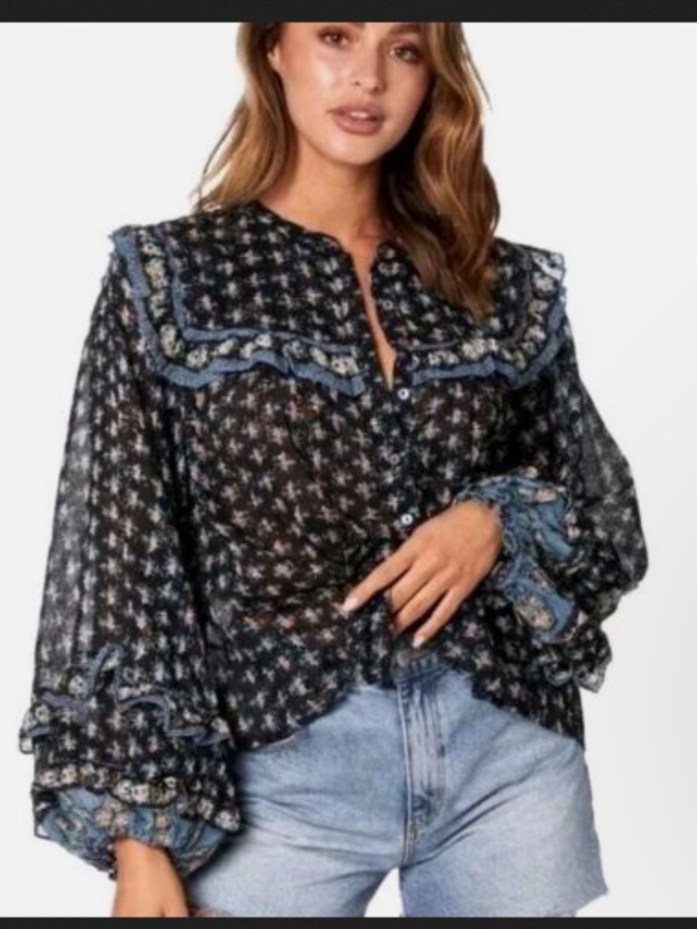 Free People Black Sheer Floral Ruffle Yoke Blouse